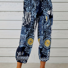 Graphic Print Tie Waist Pants Boho Summer Cropped Pants With Pockets