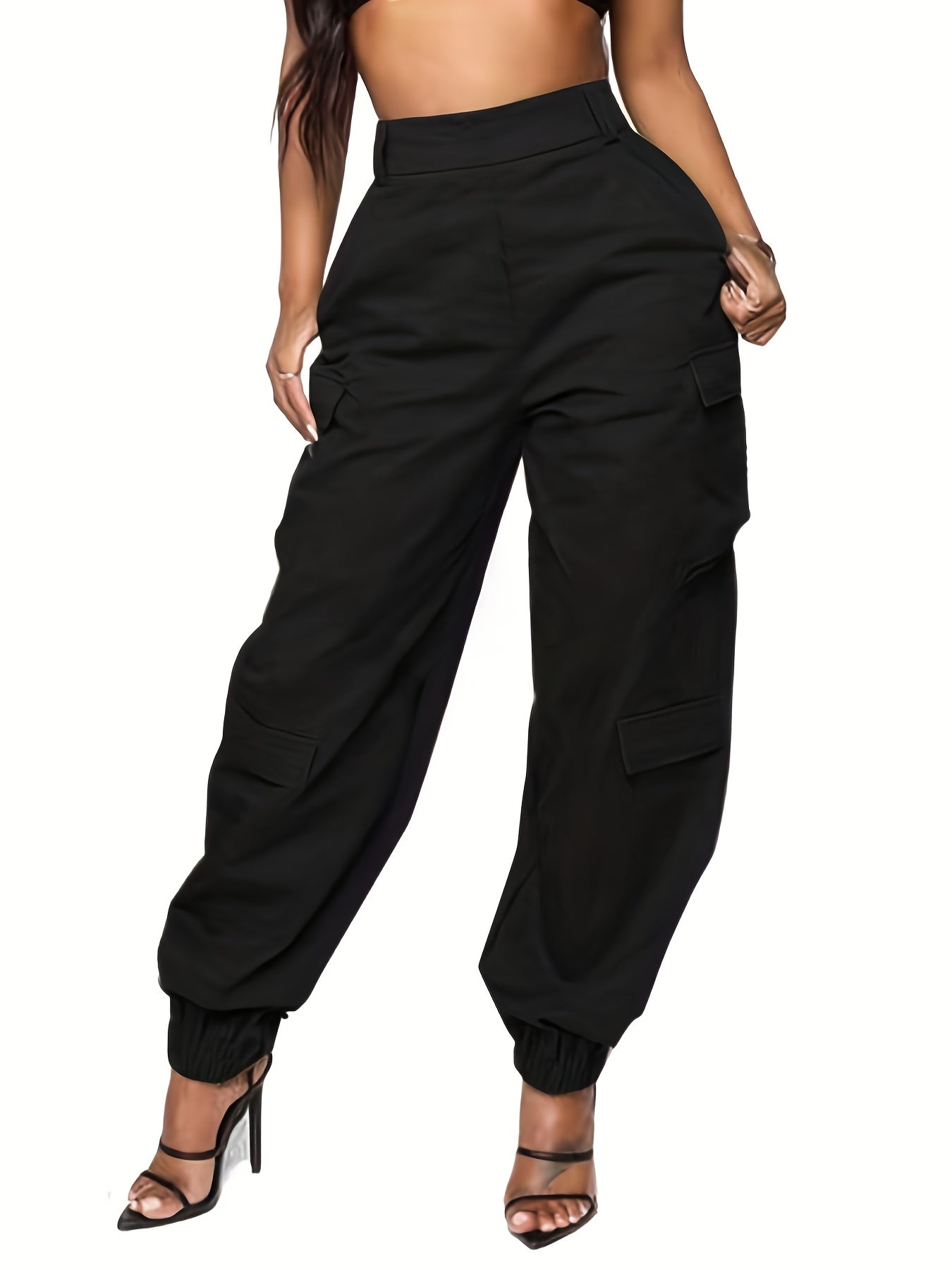 Women's Cargo Pants with Solid Flap Pockets - Elastic Waist