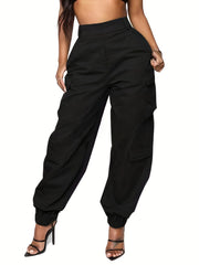Women's Cargo Pants with Solid Flap Pockets - Elastic Waist