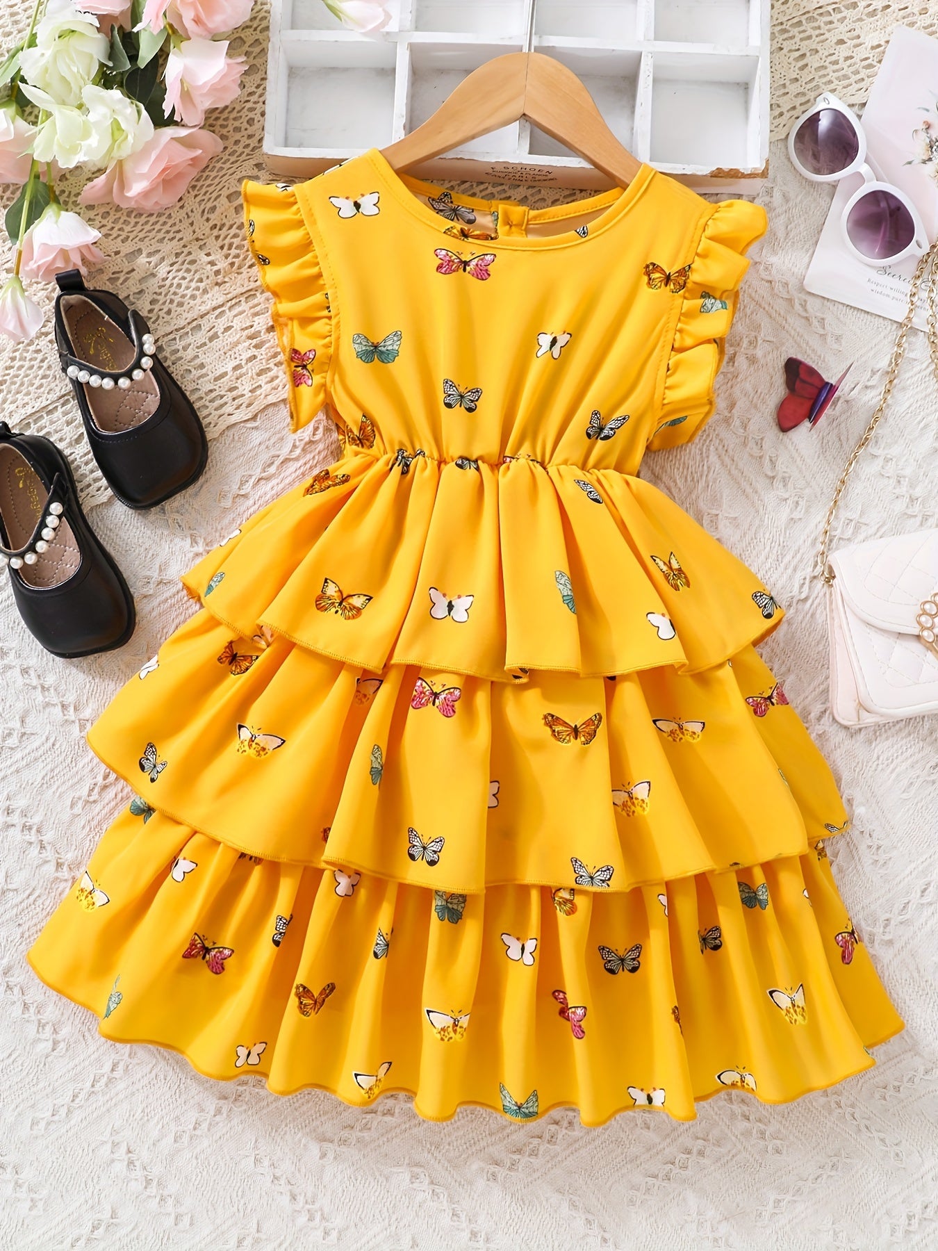 Girls Flutter Sleeve Butterfly Print A Line Tiered Casual Dress