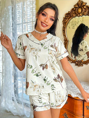 Floral Print Pajamas Set Short Sleeve V Neck Top & Shorts