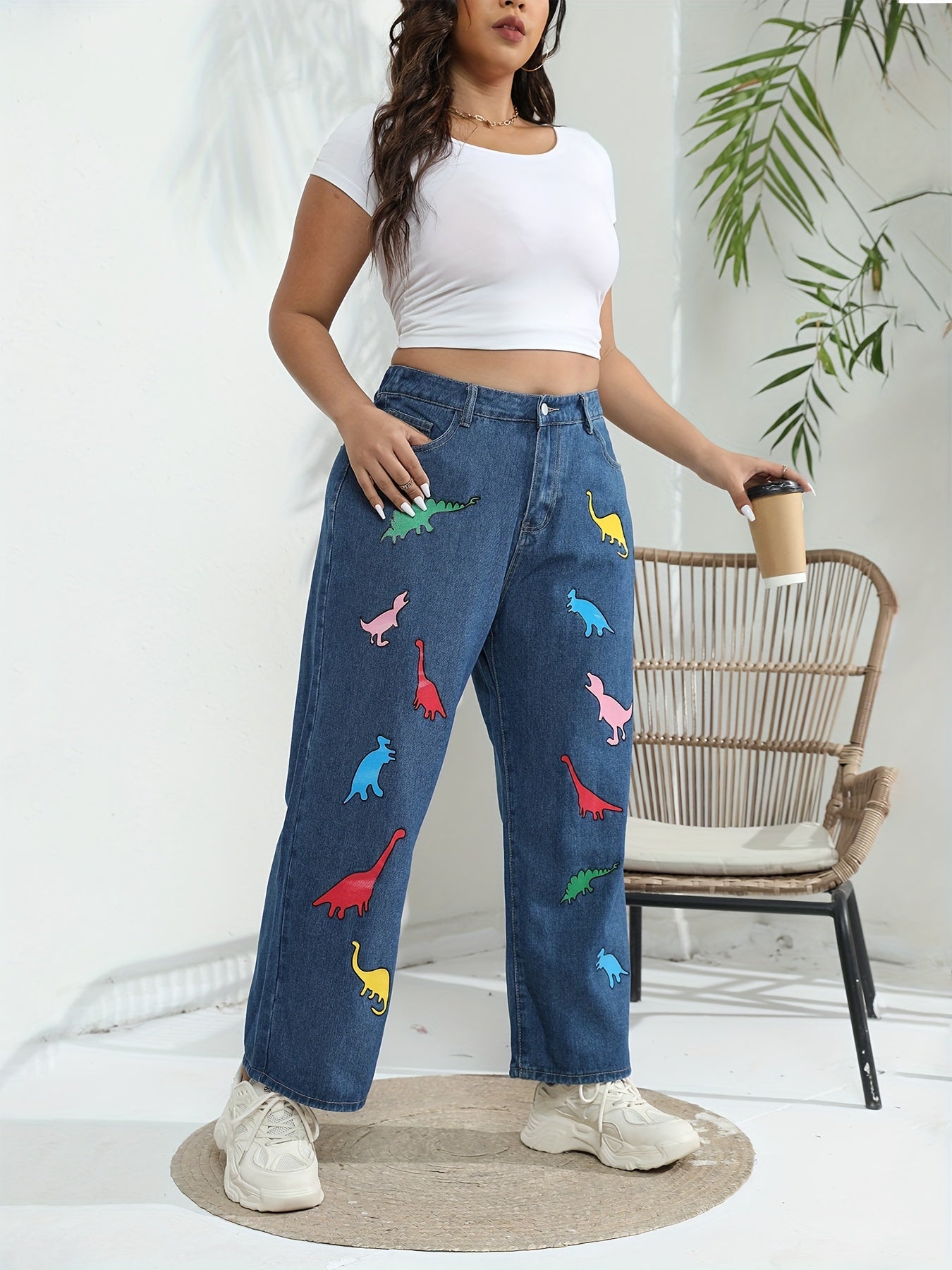 Plus Size Women's Dinosaur Print Wide Leg Jeans