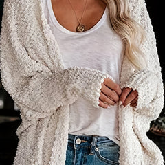 Casual Cardigan Women's Plus Solid Popcorn Long Sleeve Open Front