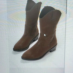 Women's V Cut Mid Calf Boots Slip On Block Heel Cowgirl Boots