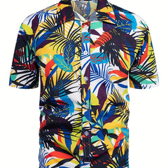 Men's Leaf Print Beach Shirt - Casual Short Sleeves for Summer