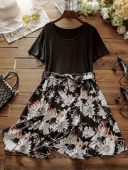 Floral Print Short Sleeve Plus Size Dress Belted Waist Stretch Cocktail Casual