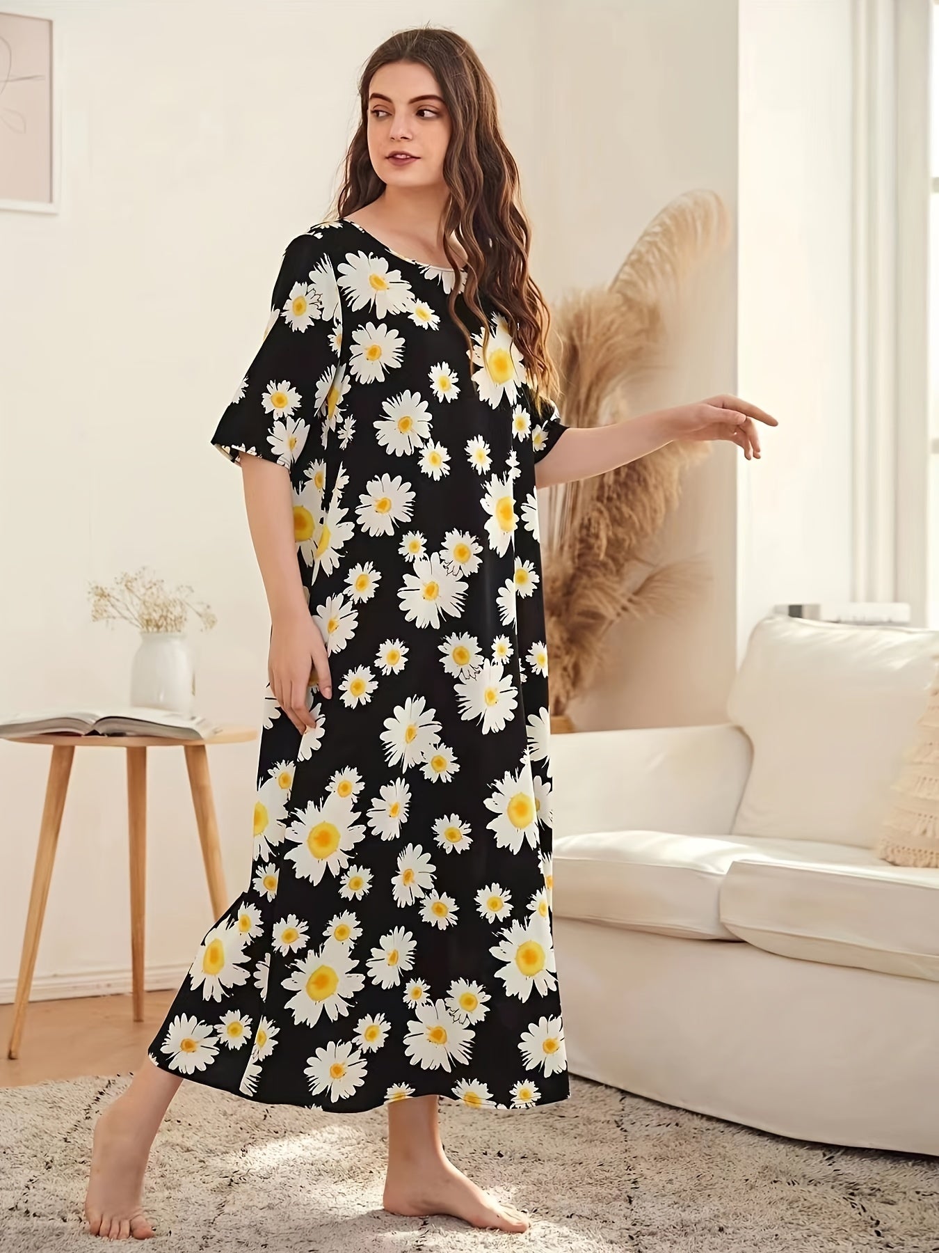 Flower Print NightDress Short Sleeve Pajama Dress Women's Sleepwear