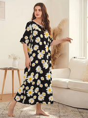 Flower Print NightDress Short Sleeve Pajama Dress Women's Sleepwear