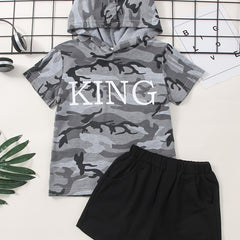 Boys Camo Print Cotton Hooded Top with KING Print & Shorts