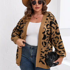 Leopard Print Long Sleeve Cardigan Plus Size Casual Sweater