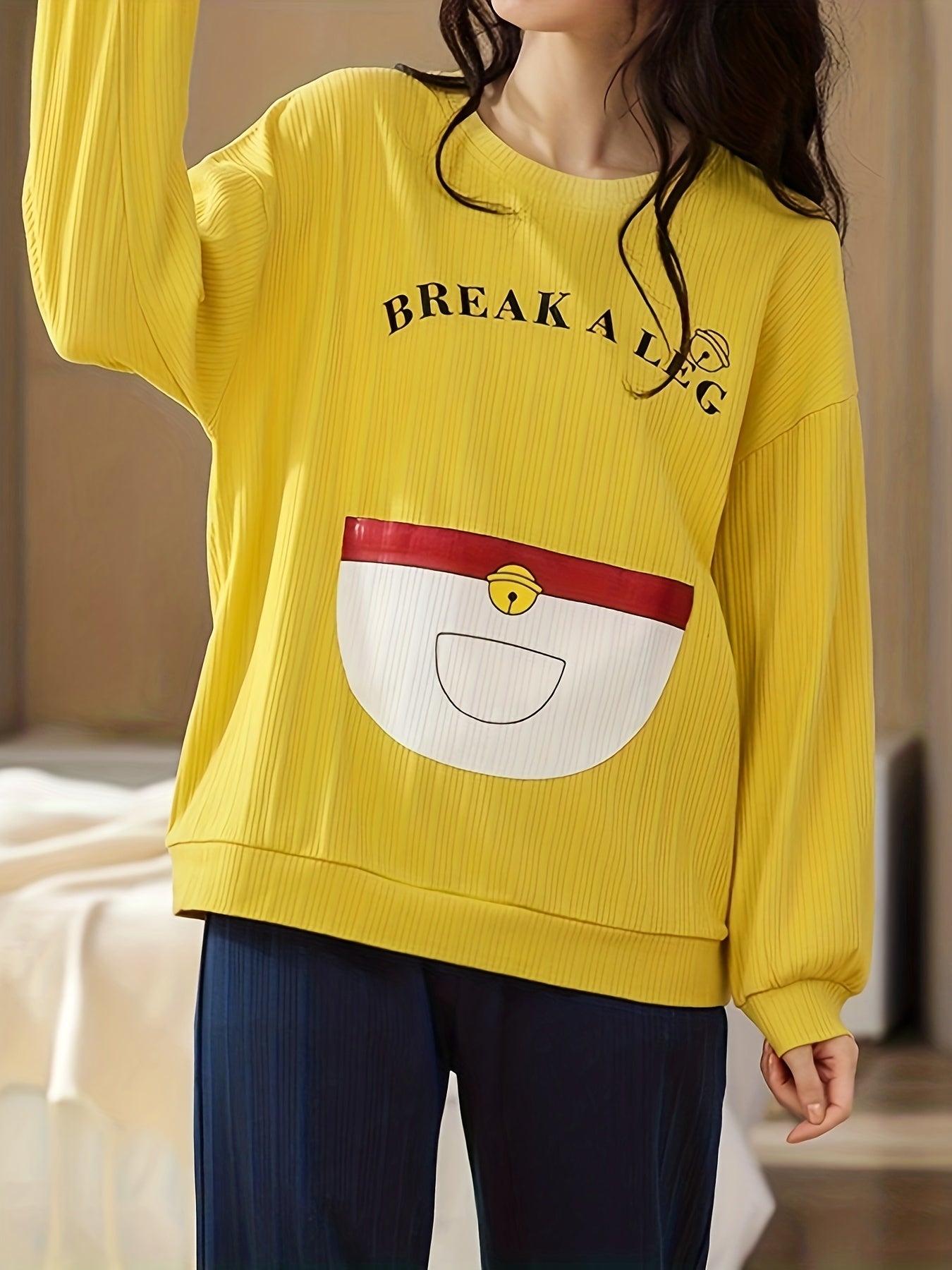 Letter Print Pajama Set Long Sleeve Top & Pants Women's Sleepwear