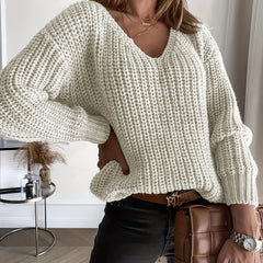 Casual Sweater Women's Solid V Neck Drop Shoulder Pullover Jumper