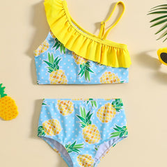2pcs Girls Ruffled Trim Cami Top & Pineapple Shorts Bikini Set