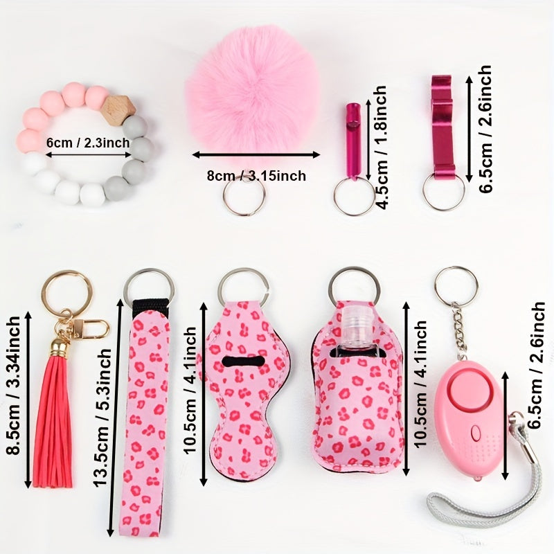 9Pcs Safety Keychain Set Women Alarm Silicone Bracelet Tassel Pompom