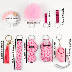 9Pcs Safety Keychain Set Women Alarm Silicone Bracelet Tassel Pompom