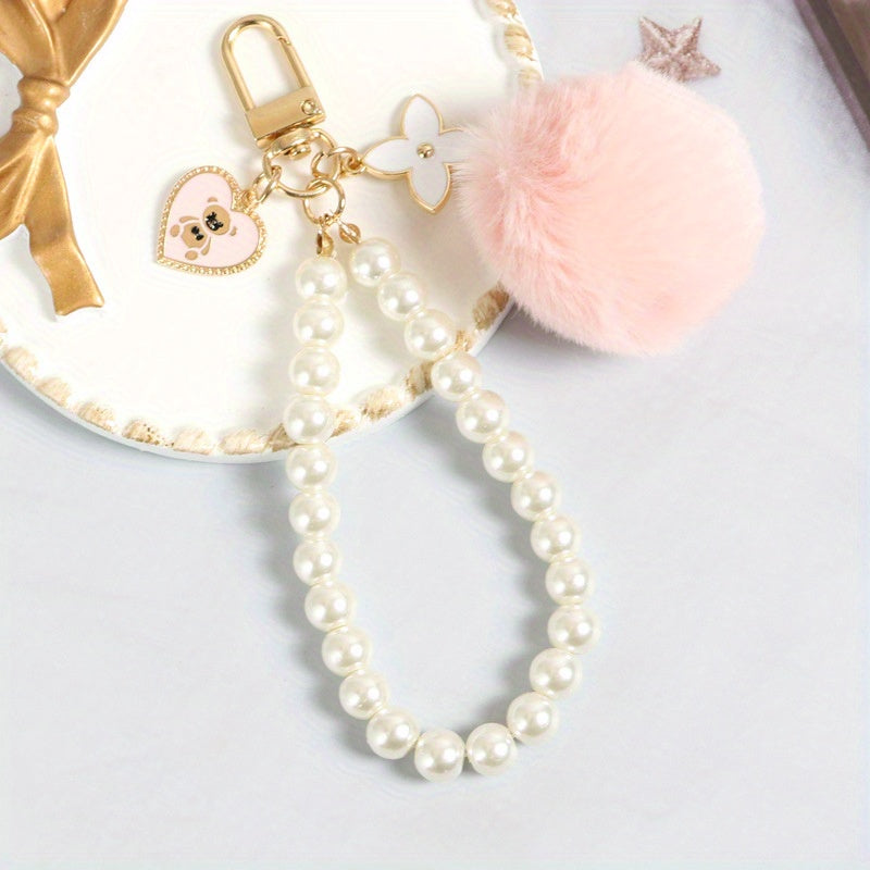 Wool Ball Pearl Bear Tag Bag Plush Keychain