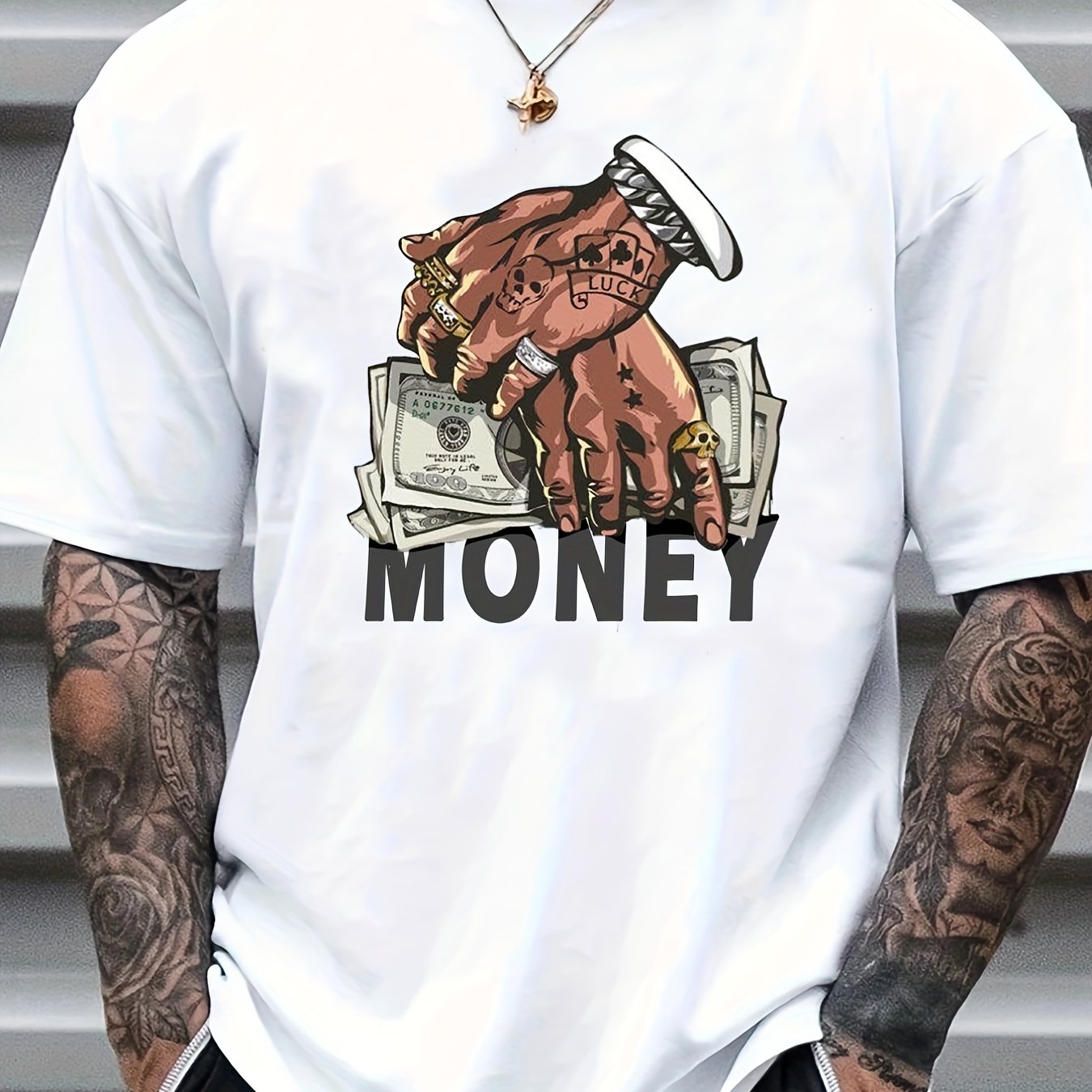 Cartoon Money & Hands Graphic Crew Neck T-shirt for Men