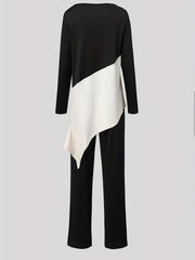Casual Colorblock Two piece Set Long Sleeve V Neck Top & Pants Outfits
