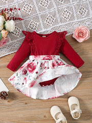 Baby Girl's Floral Romper Dress Ruffle Long Sleeve Puffy Dress