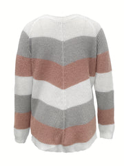Striped Pattern Crew Neck Pullover Sweater for Women