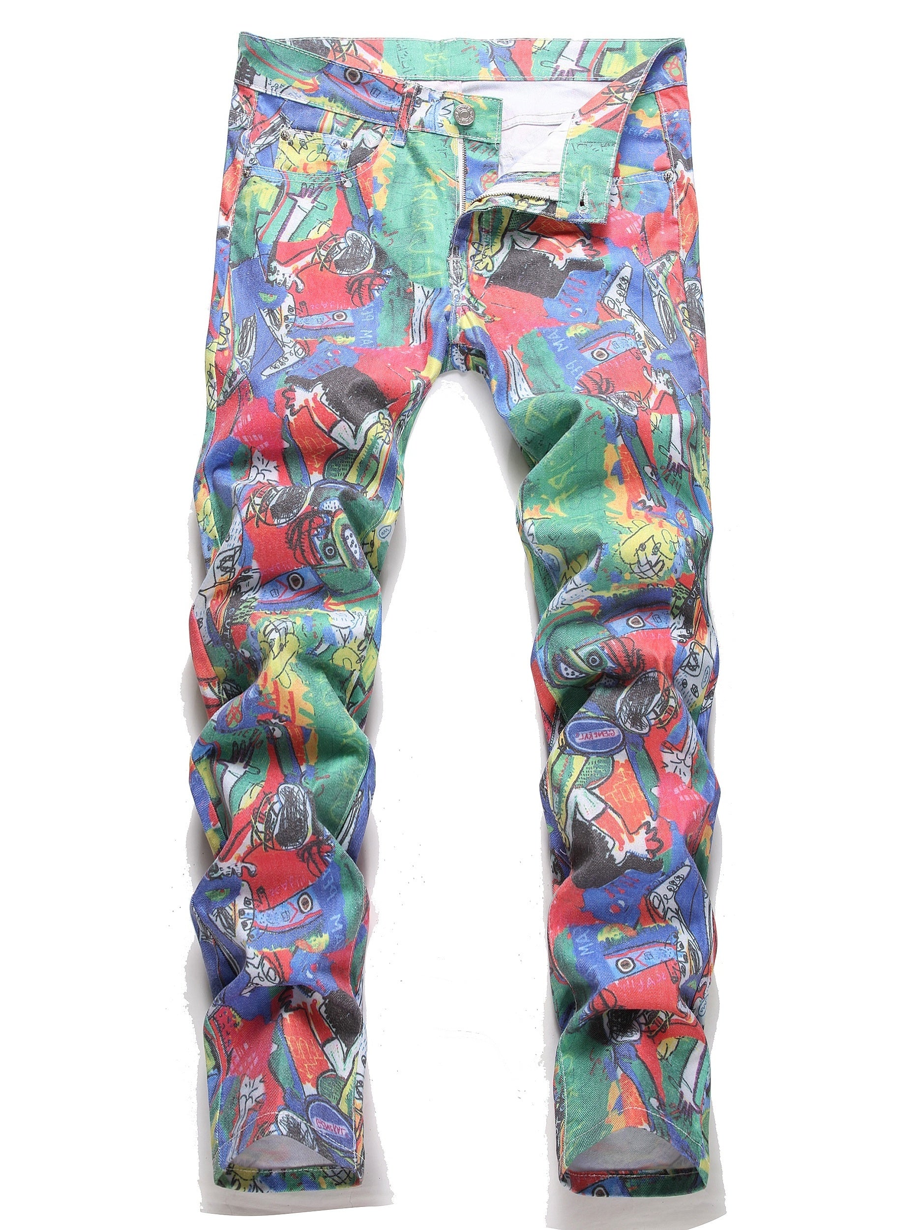 Slim Fit All Over Print Jeans Casual Street Style Denim Pants