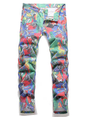 Slim Fit All Over Print Jeans Casual Street Style Denim Pants