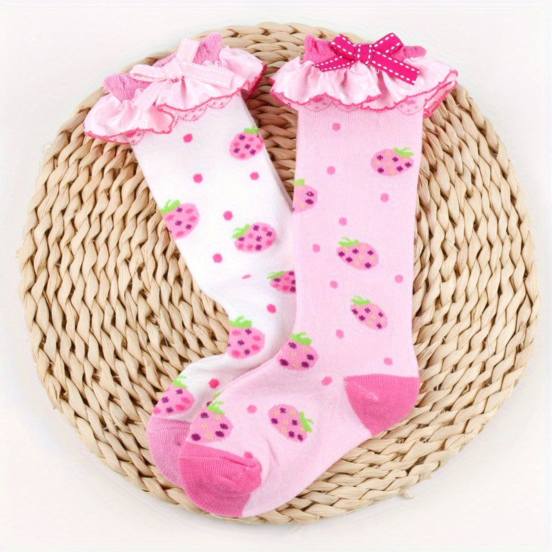 2 Pairs Knee Lace Socks Strawberry Jacquard Kids Bow Jewelry Socks Girls