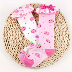 2 Pairs Knee Lace Socks Strawberry Jacquard Kids Bow Jewelry Socks Girls
