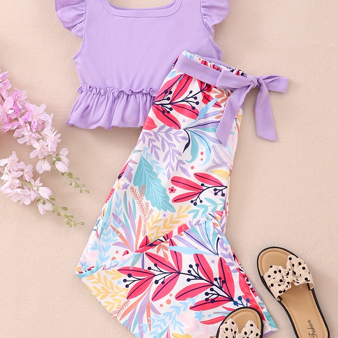 Girls Ruffle Top & Floral Print Pants 2pcs With Belt