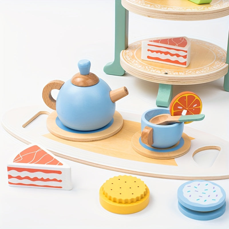 Wooden Ice Cream & Dessert Stand Toy Set for Girls' Kitchen, Tea Time Play Set