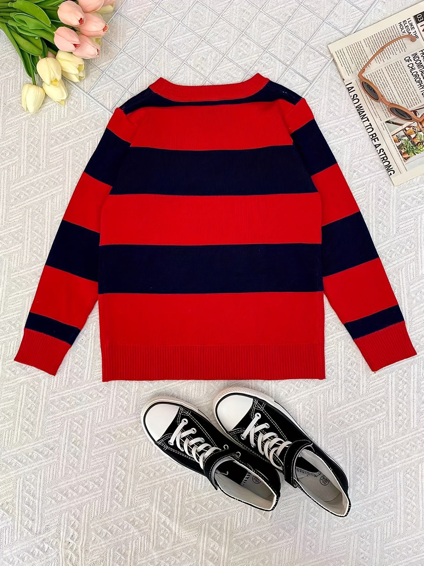 Boys Casual Striped Sweater Round Neck Long Sleeve Warm Knit Pullover Top