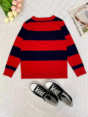 Boys Casual Striped Sweater Round Neck Long Sleeve Warm Knit Pullover Top