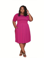 Solid Short Sleeve Dress With Pockets
