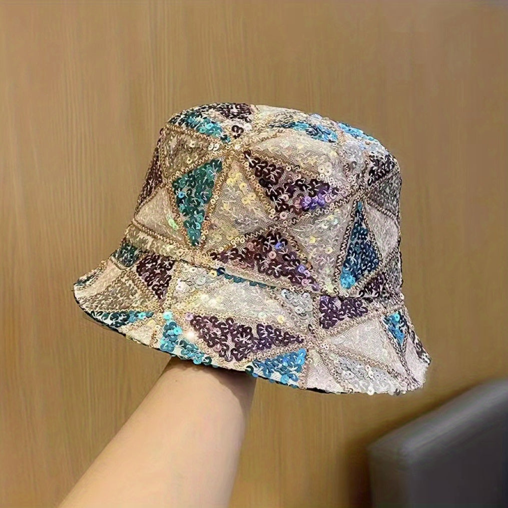 Sequin Y2K Bucket Hat Hip Hop Sparkly Sun Hat Plaid Block Fisherman Cap
