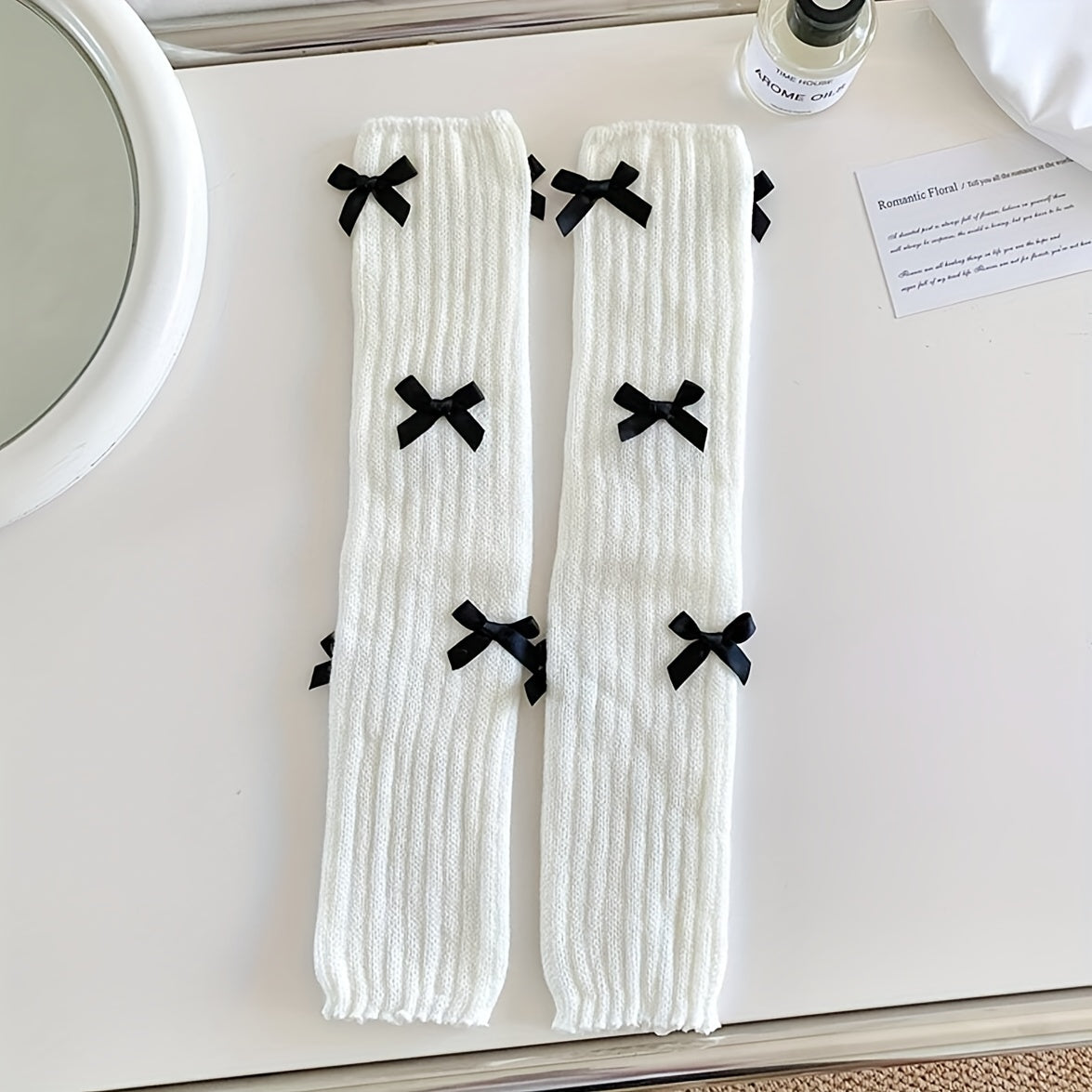 Bow Rib Knit Leg Warmers & Knee High Socks Women's Stockings