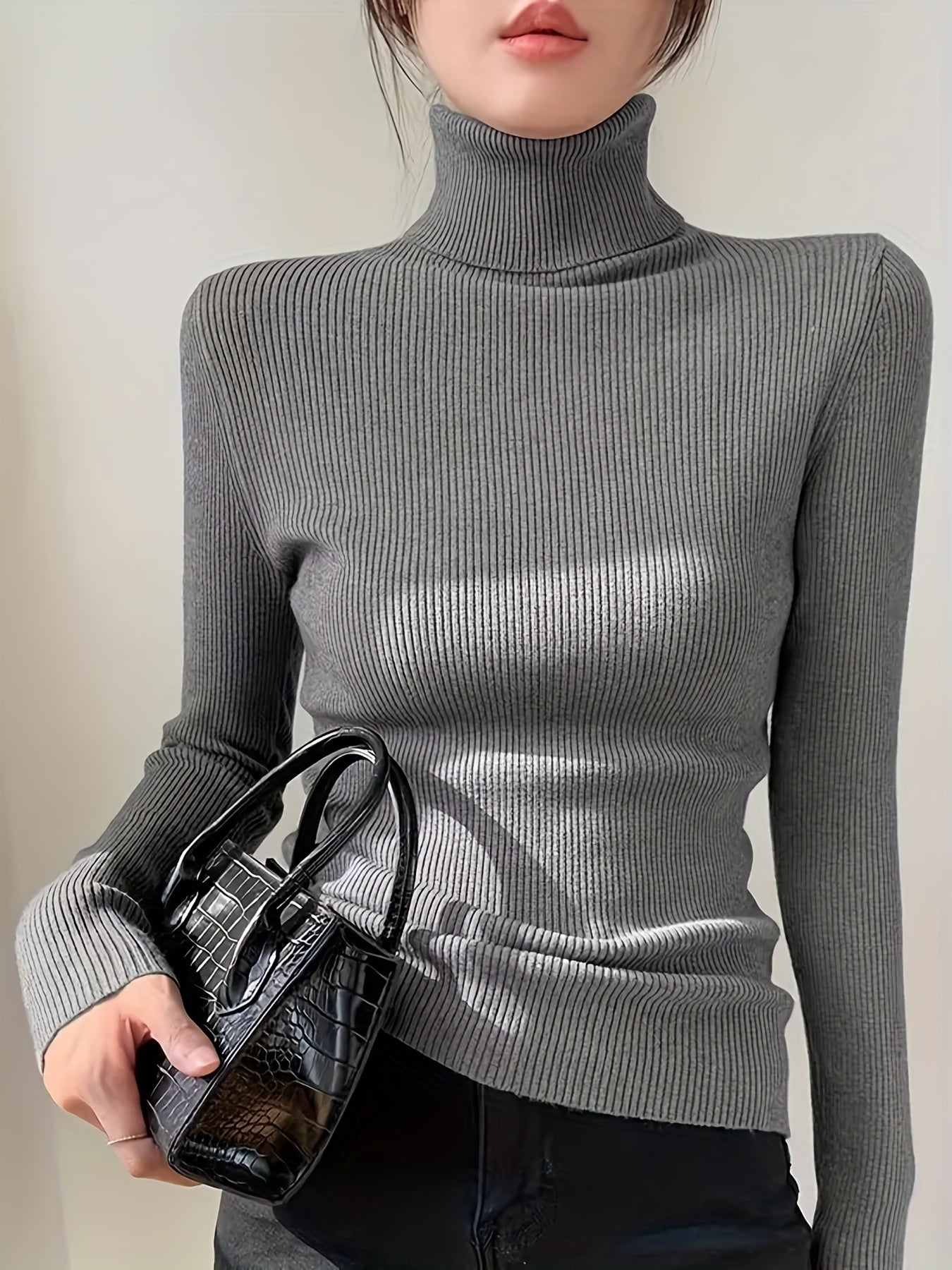 Solid Turtleneck Sweater Casual Long Sleeve Sweater For Fall & Winter