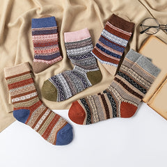 5 Pairs Women's Ethnic Style Curry Striped Thick Warm Socks