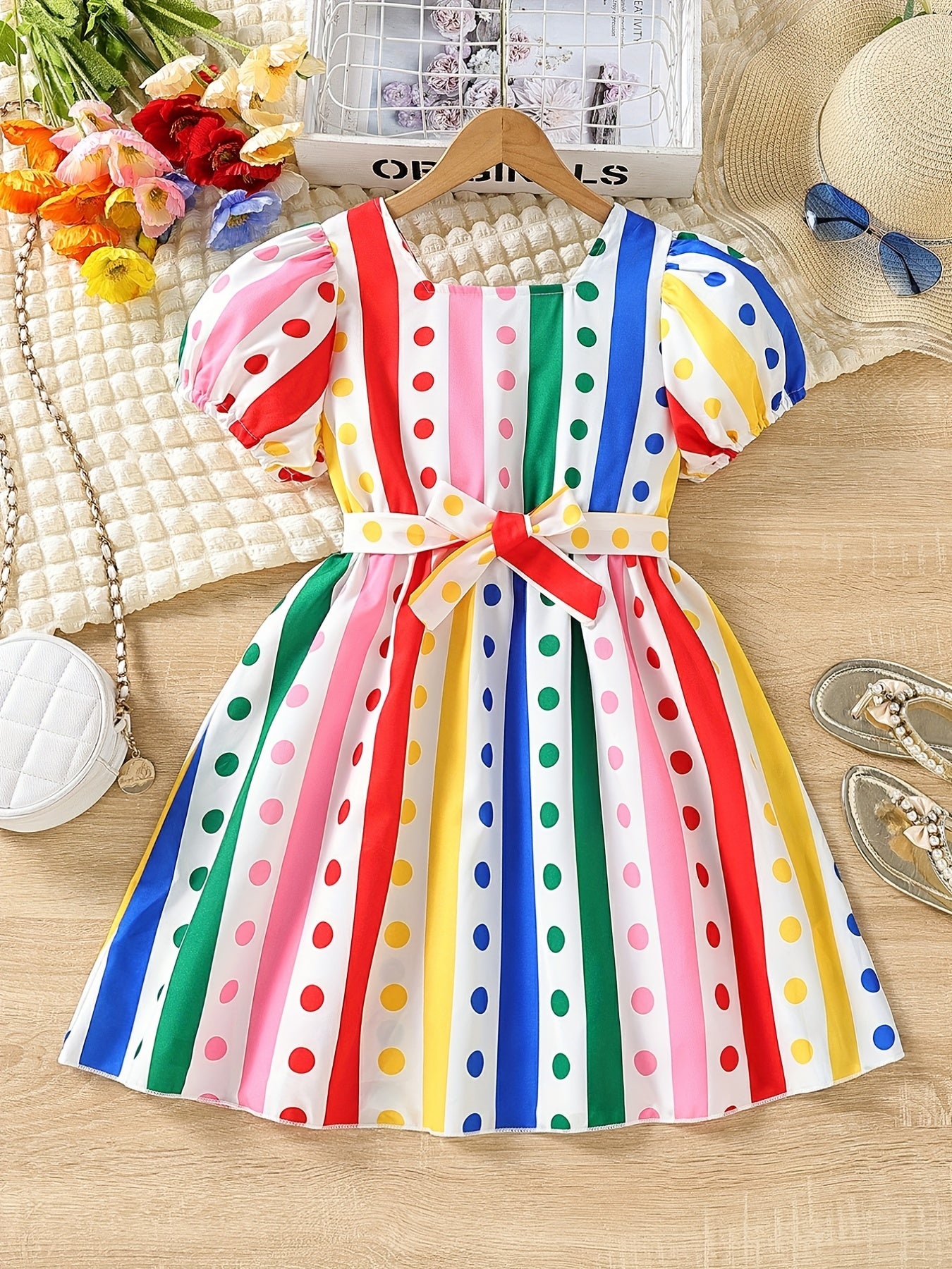 Little Girls' Rainbow Stripe Short Sleeve Dress Party Vacation Kids Clothes