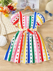 Little Girls' Rainbow Stripe Short Sleeve Dress Party Vacation Kids Clothes