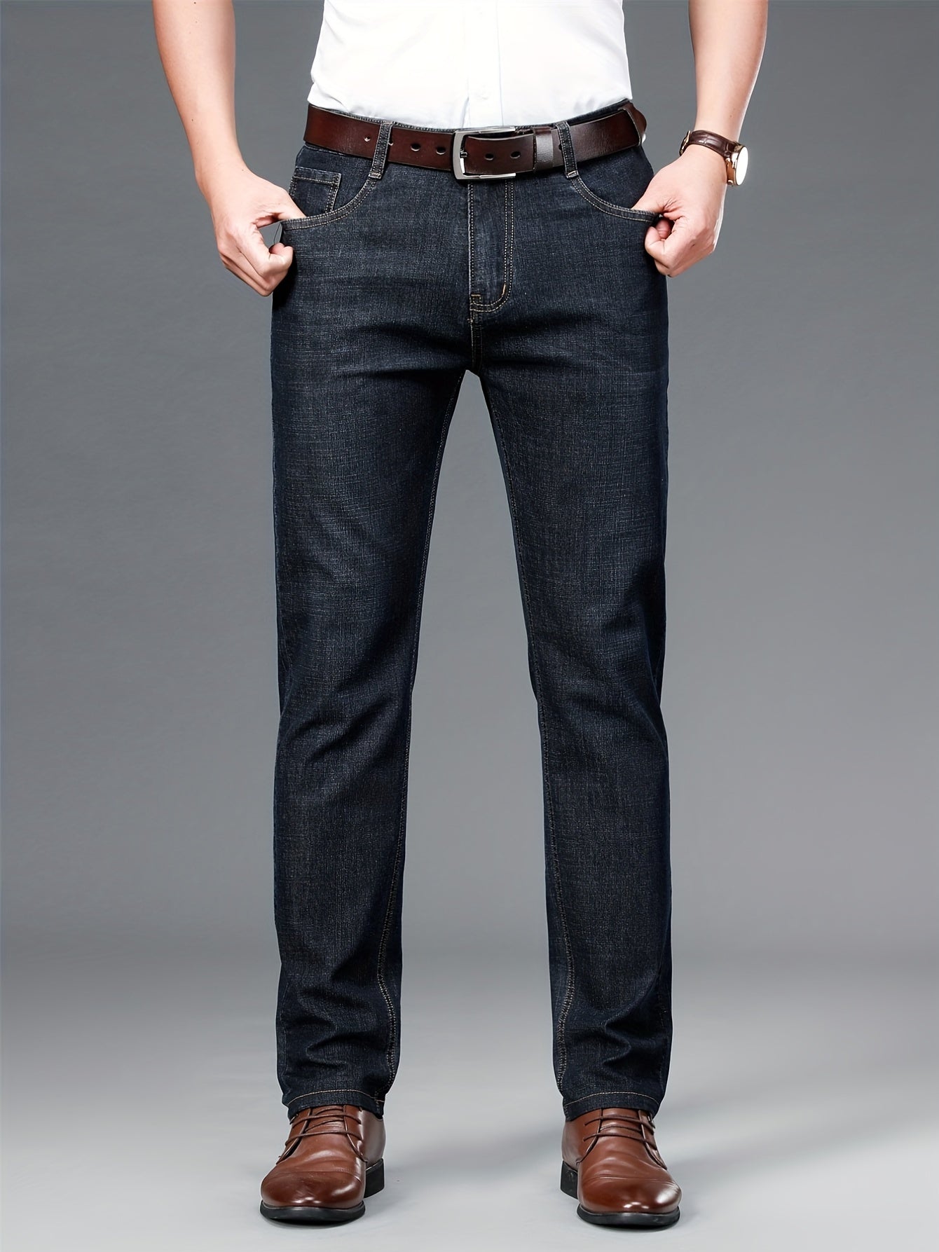 Classic Slim Fit Jeans Men's Semi-formal Medium Stretch Straight Leg Denim Pants