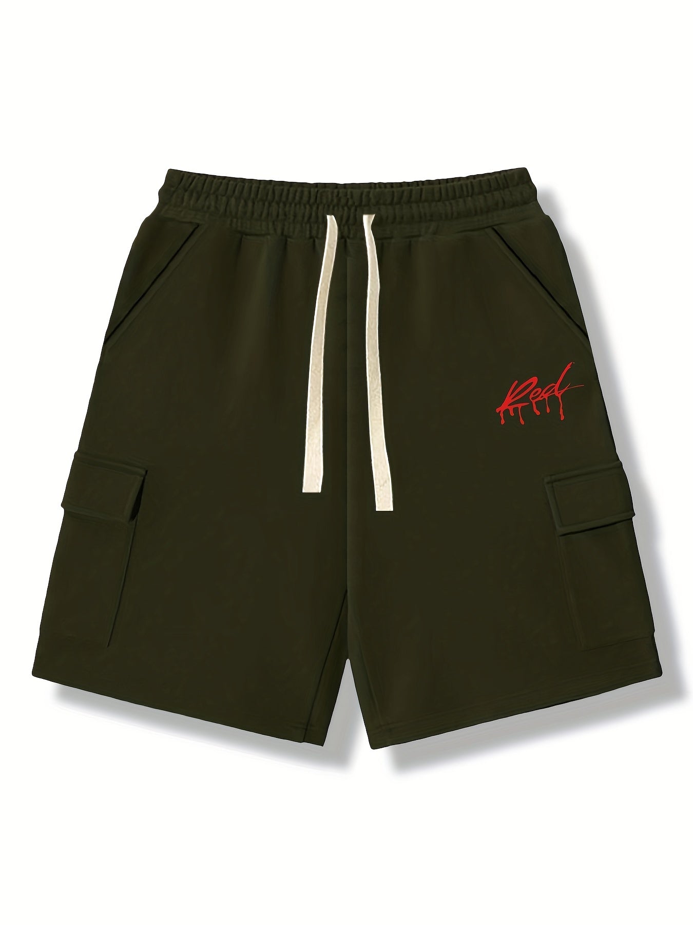 Red Letter Print Comfy Shorts Men's Casual Solid Slightly Stretch Knee