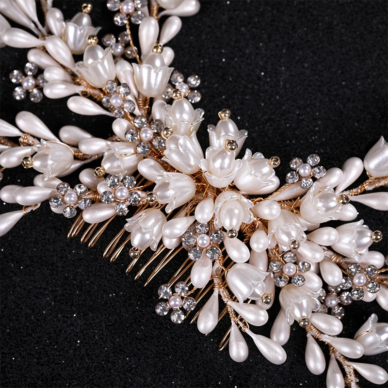 Golden Faux Pearls Hair Combs Rhinestone Headpiece Bridal Accessories