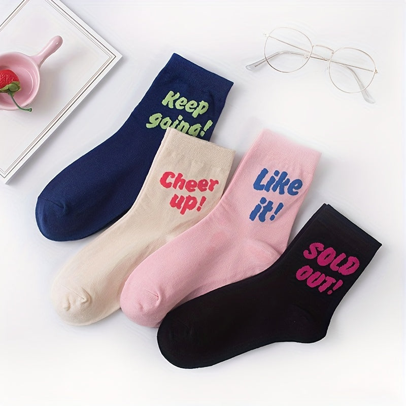4 Pairs Letter Print Socks Women's Crew Stockings