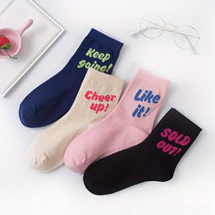 4 Pairs Letter Print Socks Women's Crew Stockings