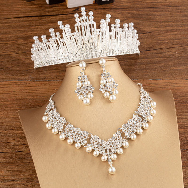 Faux Pearl Rhinestone Crown Earrings Necklace Set Princess Tiara