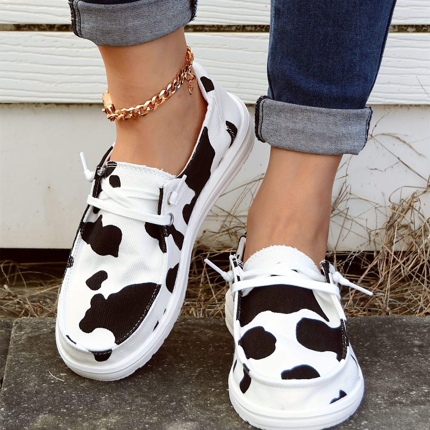 Cow Pattern Low Top Boat Shoes Lace Up Slip On Casual Canvas Shoes