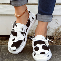Cow Pattern Low Top Boat Shoes Lace Up Slip On Casual Canvas Shoes