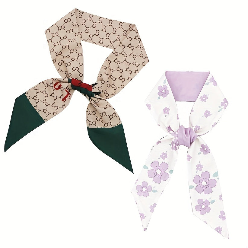 2pcs Coffee & Pink Skinny Scarf Long Ribbon Neckerchief Twilly Scarf