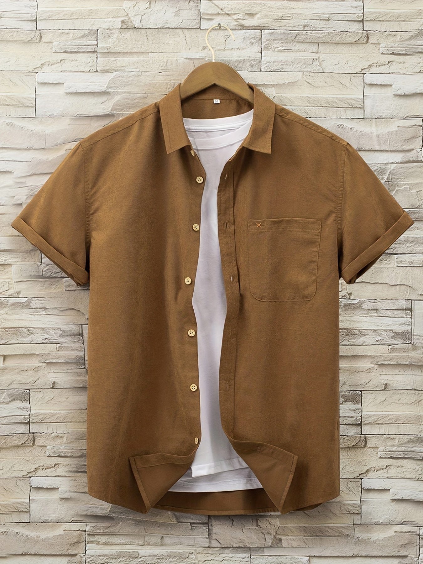 Solid Print Men's Casual Short Sleeve Shirt With Chest Pocket