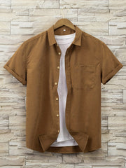 Solid Print Men's Casual Short Sleeve Shirt With Chest Pocket